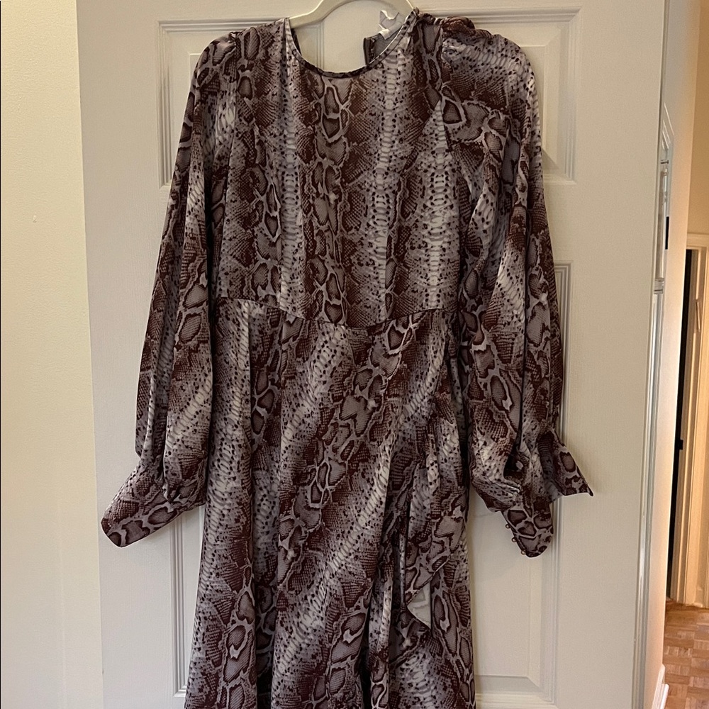 Brown Snake Print Long Sleeve Midi Dress